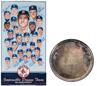 1967 Boston Red Sox Team Signed "Impossible Dream Team" Poster with 25 Signatures & 1967 World Series Silver Plate (Doerr Family LOA & PSA/DNA)